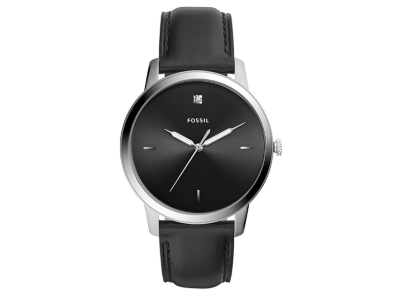 Fossil - Minimalist Carbon Stainless Steel and Leather Diamond Quartz Watch